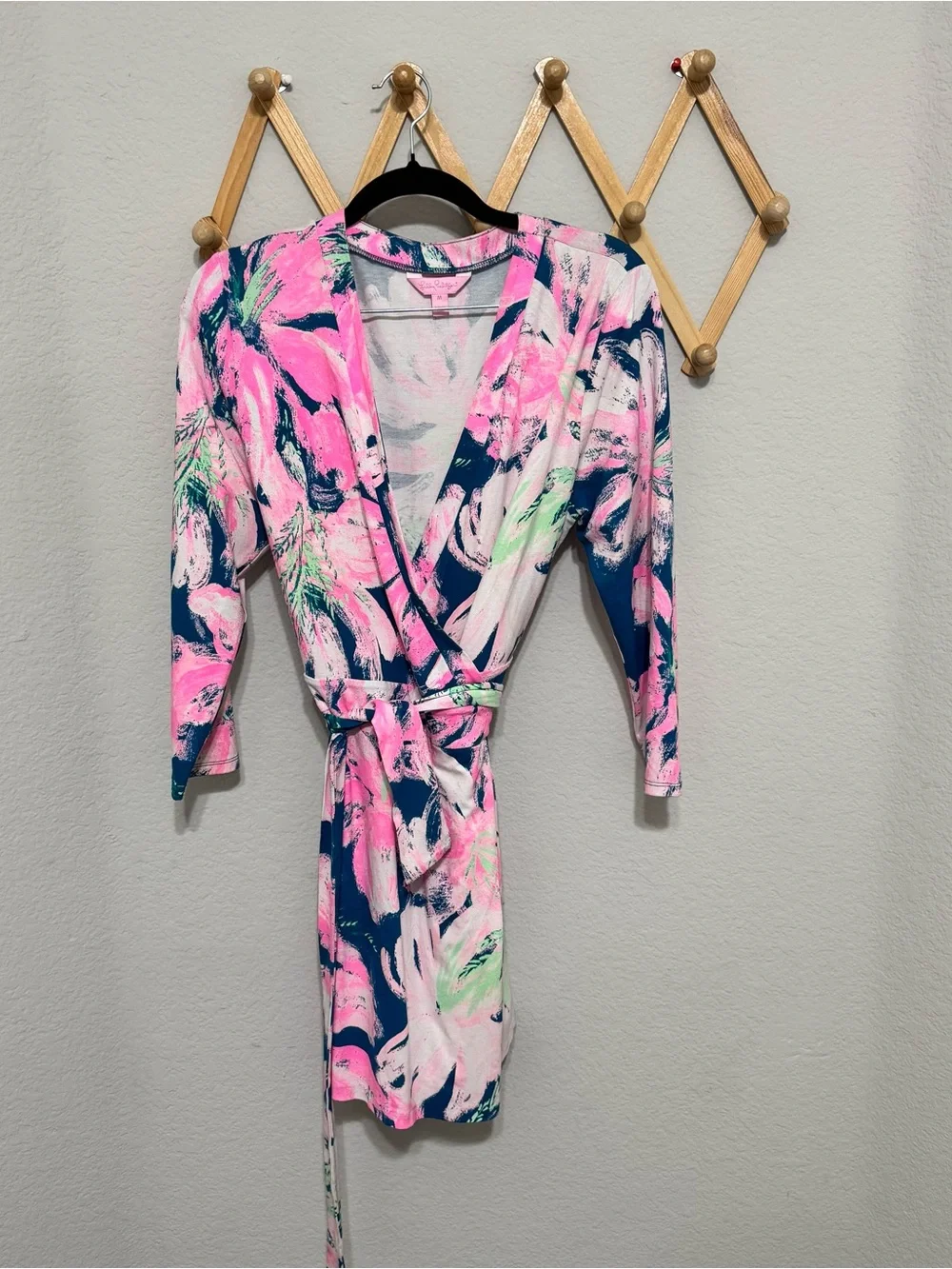 Lilly Pulitzer Karlie Wrap Tidal Wave Pans Garden Teal Pink Floral Romper Size M